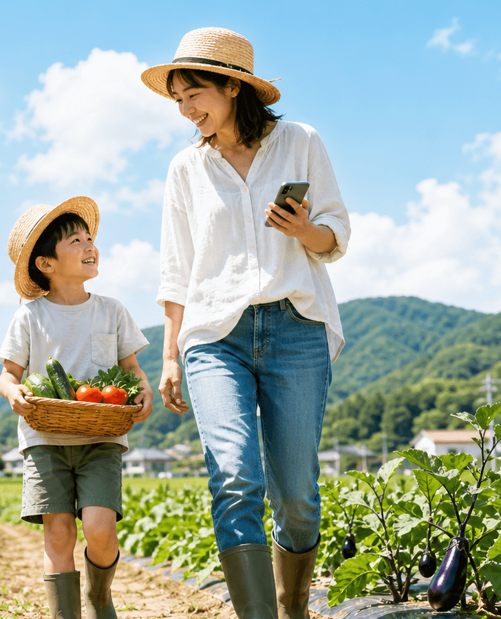 まちの畑で野菜に触れる親子