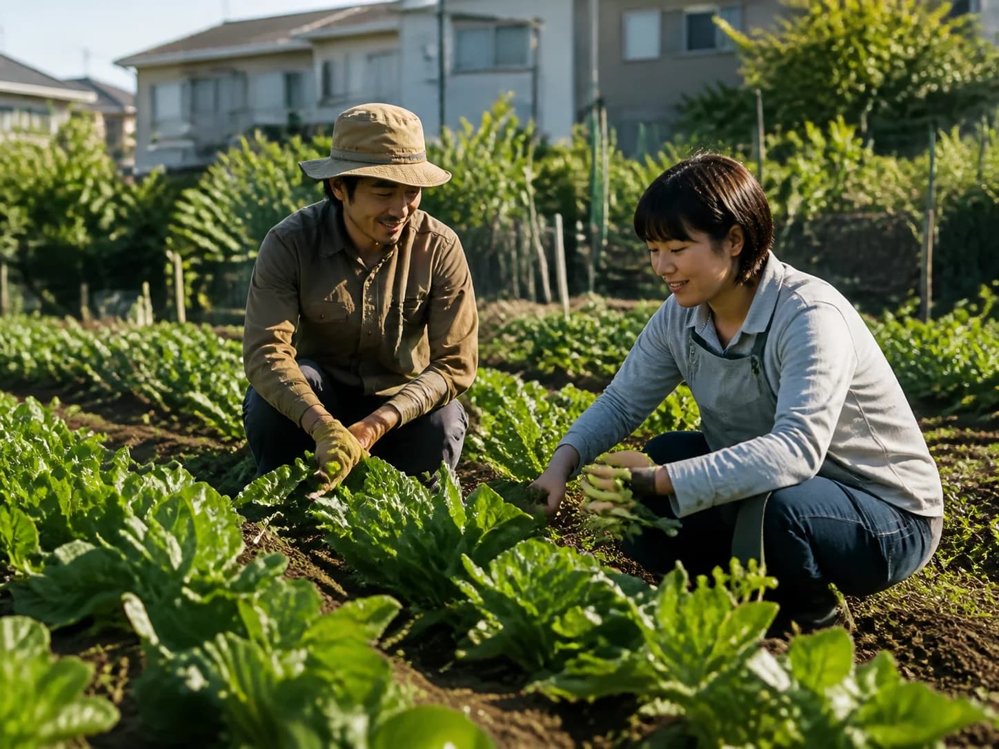 都市農園で葉物野菜を手入れする人たち