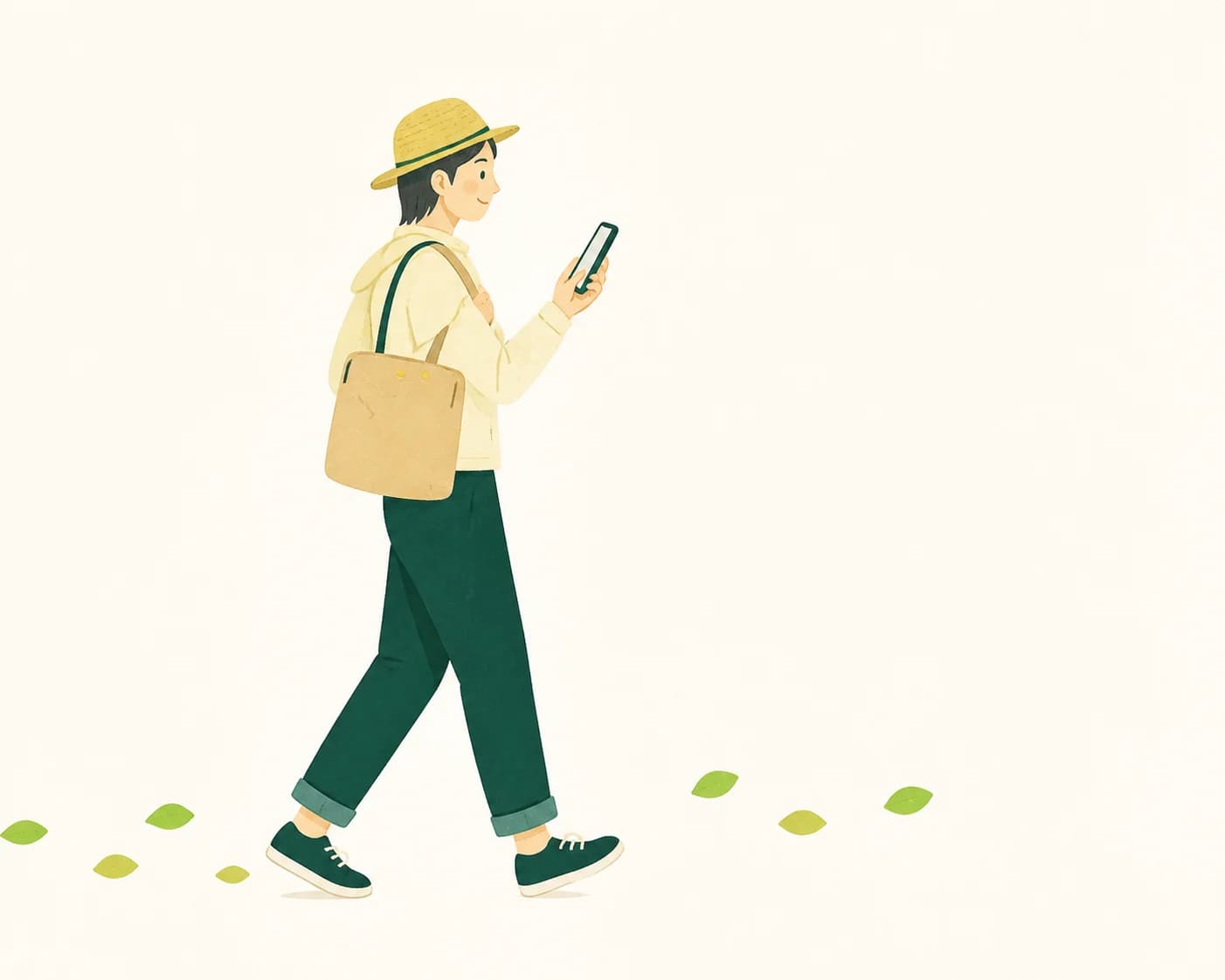 スマートフォンを見ながら畑へ歩く人のイラスト
